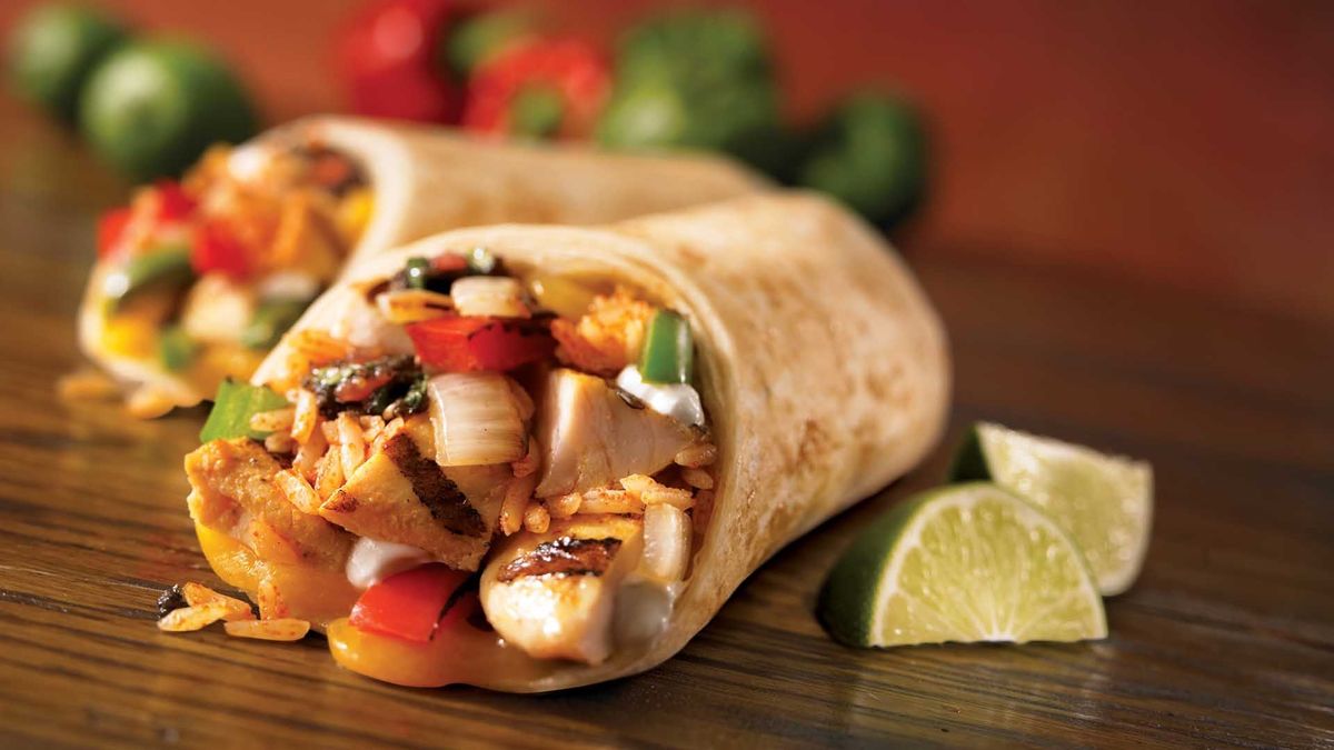 Illustrative food photograph: warm chickpea and pepper wraps